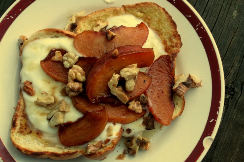 French toast warmed with caramelized peaches and maple yogurt